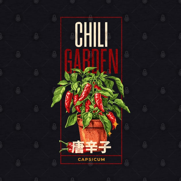 Chili garden design with a chili plant, red color, CAPSICUM, chili fruits and japanese text japanese Typography by OurCCDesign